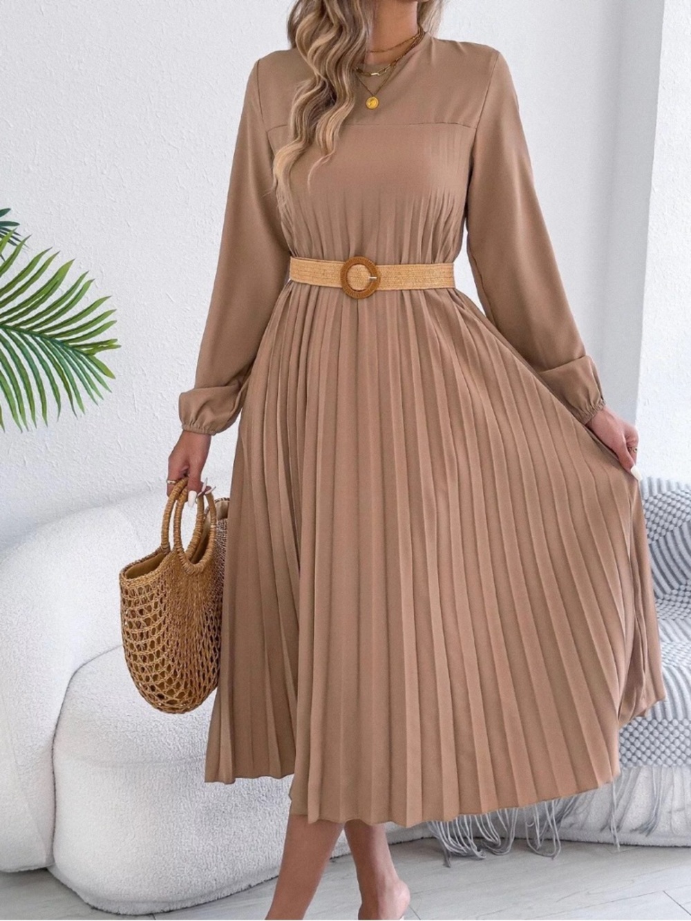 BNWT Women's Pleated Midi Dress in Camel